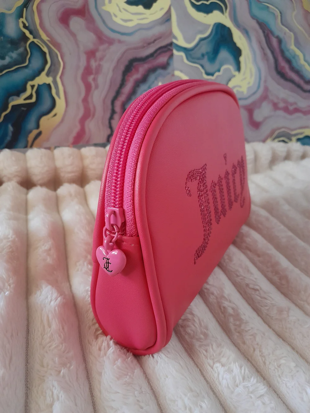 Juicy Couture Hot Pink Faux Leather Rhinestone Dome Makeup Bag NWOT
